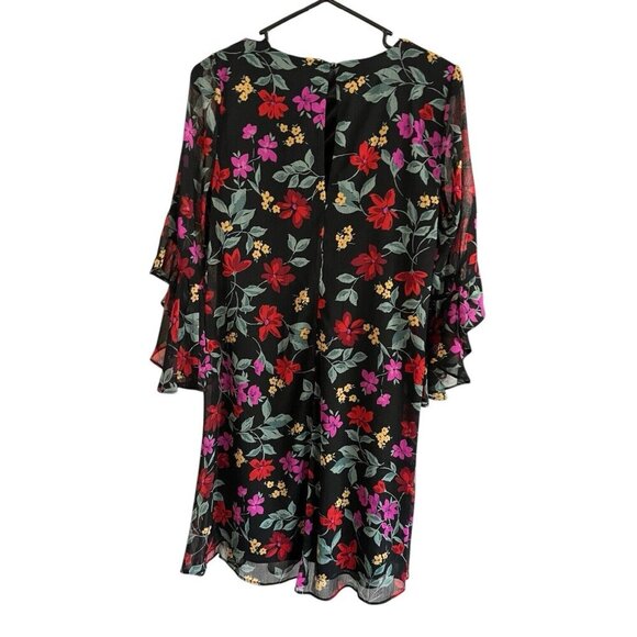 Calvin Klein Casual Dress Women's Size 2 Black Floral Flowy Ruffle Bell Sleeve - Picture 2 of 5